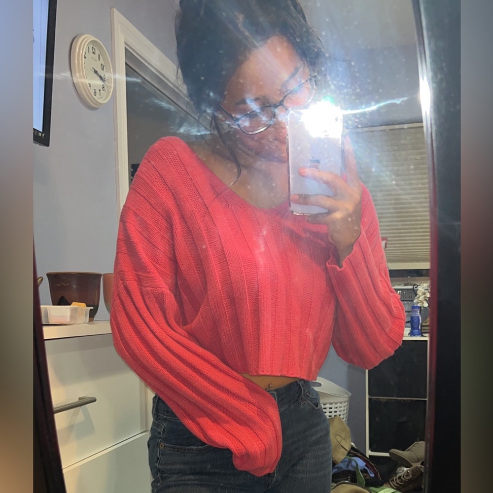 Pink Ribbed Cropped Long Sleeve Sweater